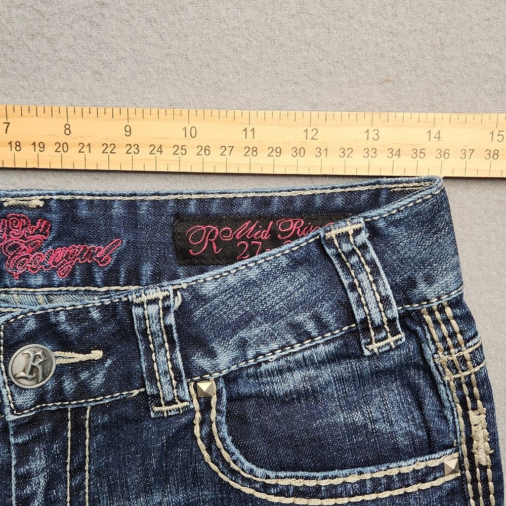 Rock & Roll Cowgirl Jeans Womens 28x32 Mid Rise Bootcut Rhinestones Thick Stitch - Picture 3 of 14